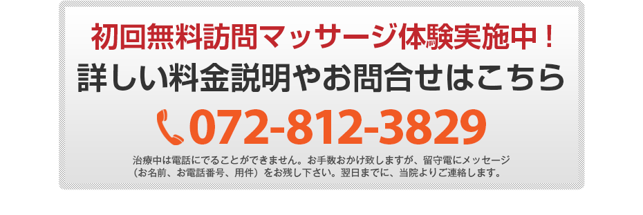初回無料体験施術実施中!詳しい料金説明やお問合せはこちら072-812-3829